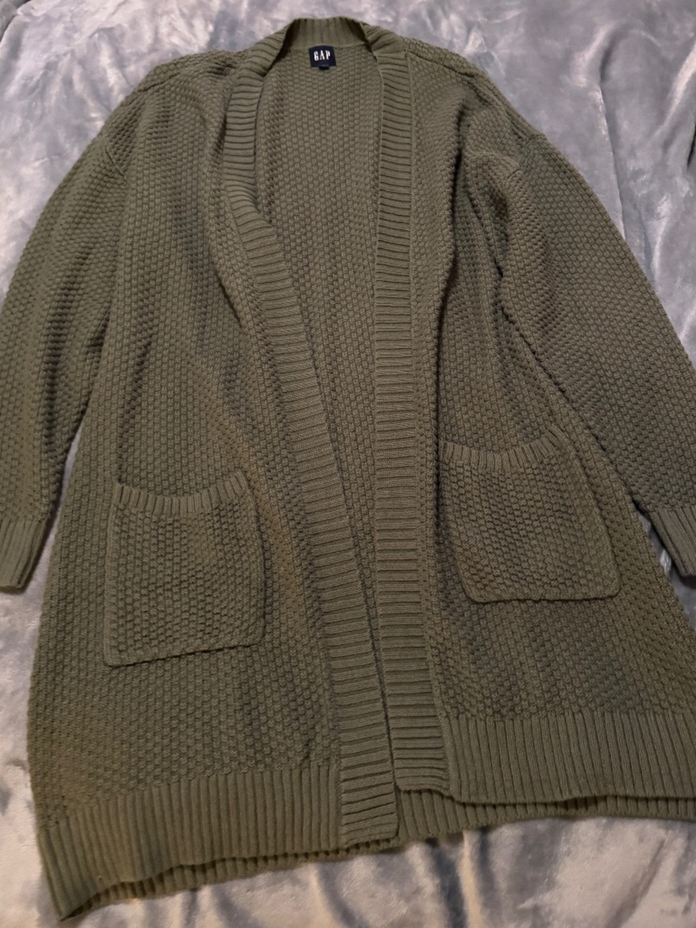 GAP Women's Large Olive Green Long Open Front Textured Knit Cardigan